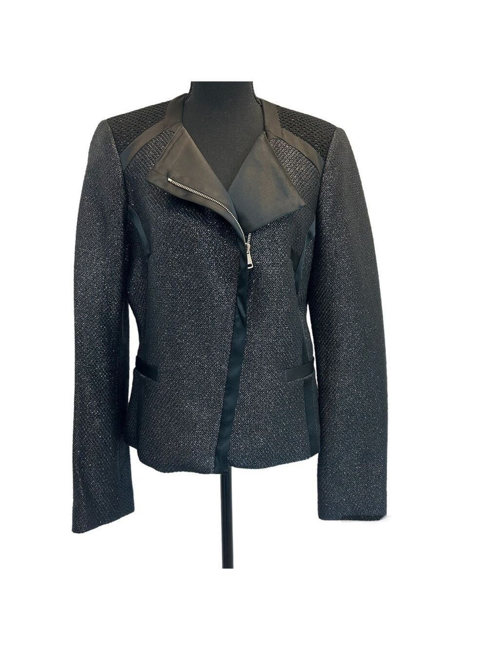 Marciano black moto asymmetrical zipper blazer jacket sparkly shiny Sz 10 NWOT